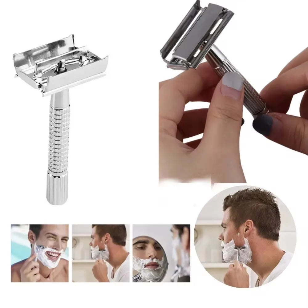 A double-sided safety stainless steel razor with a metal handle and blade shown alongside usage examples.