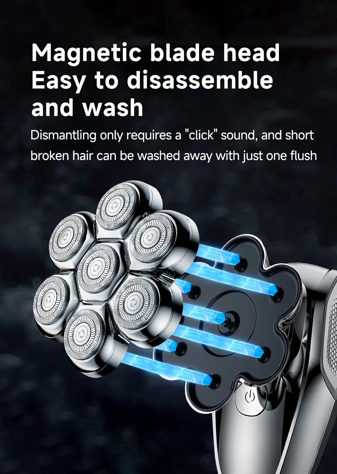 Close-up of a magnetic blade head with multiple rotating discs on an electric shaver or trimmer device.