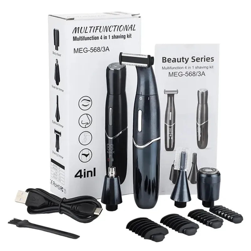 A multifunction 4 in 1 shaving kit with various grooming tools shown in a box and loose components.