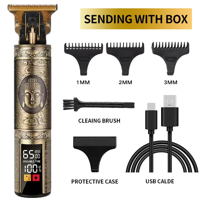 Professional electric hair clipper set including brush, protective case, and USB cable