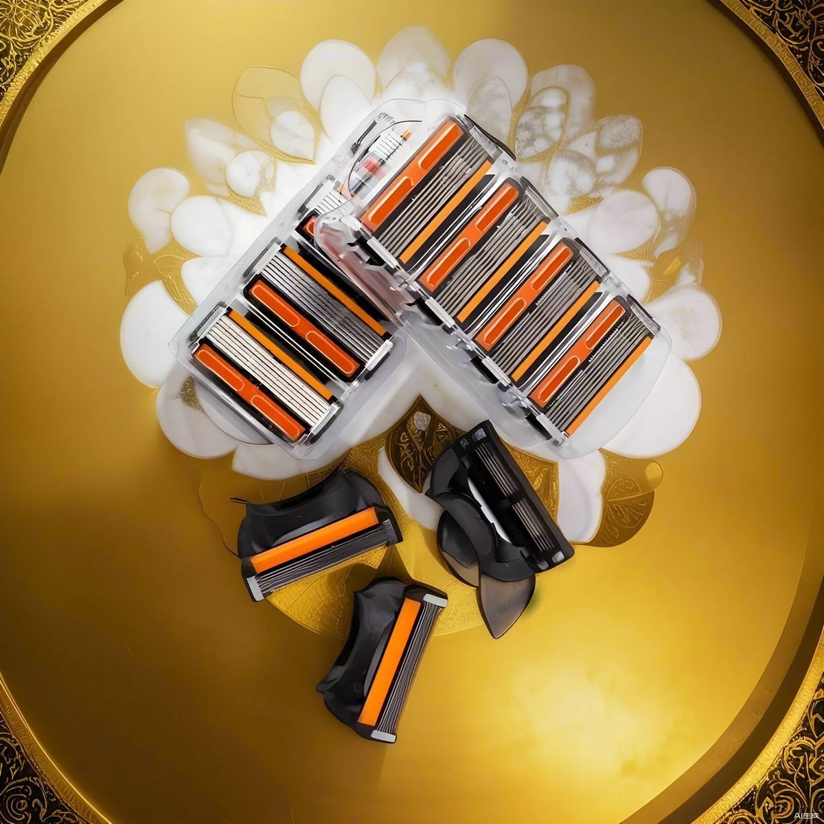 A close-up of replacement razor heads, featuring orange and black blades, displayed on a gold surface.