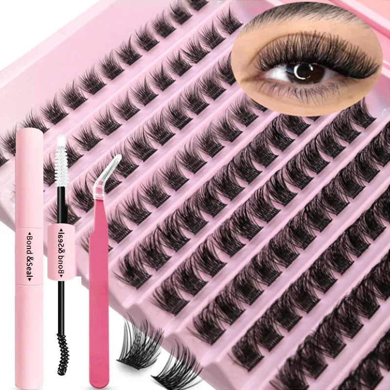 Plateau de cils rose avec faux cils individuels noirs et pinceau d'adhésif pour cils rose.