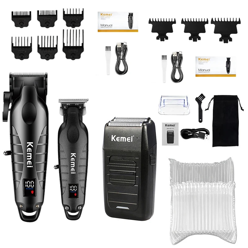 A collection of Kemel electric hair clippers, including various attachments and a main body unit.