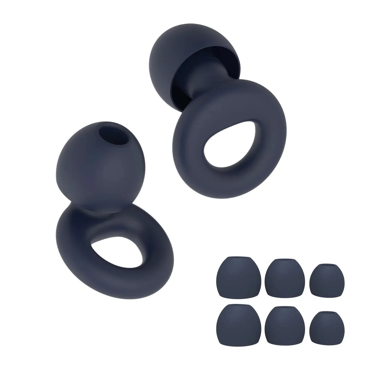 Un ensemble de bouchons d'oreille en silicone bleu foncé à réduction de bruit, de différentes formes et tailles.