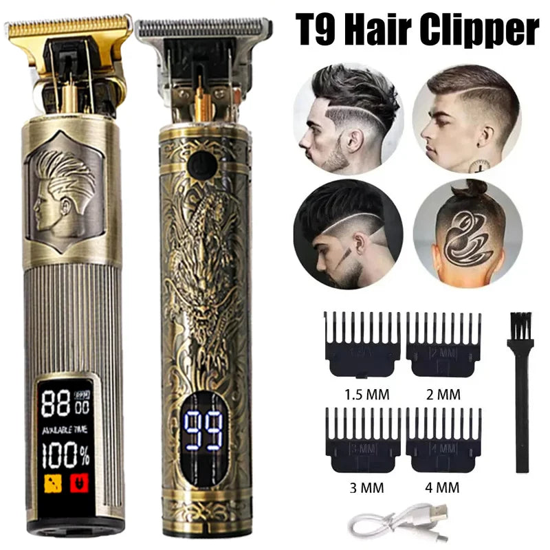 A set of T9 hair clippers showing various cutting guards and attachments for professional electric hair trimming.