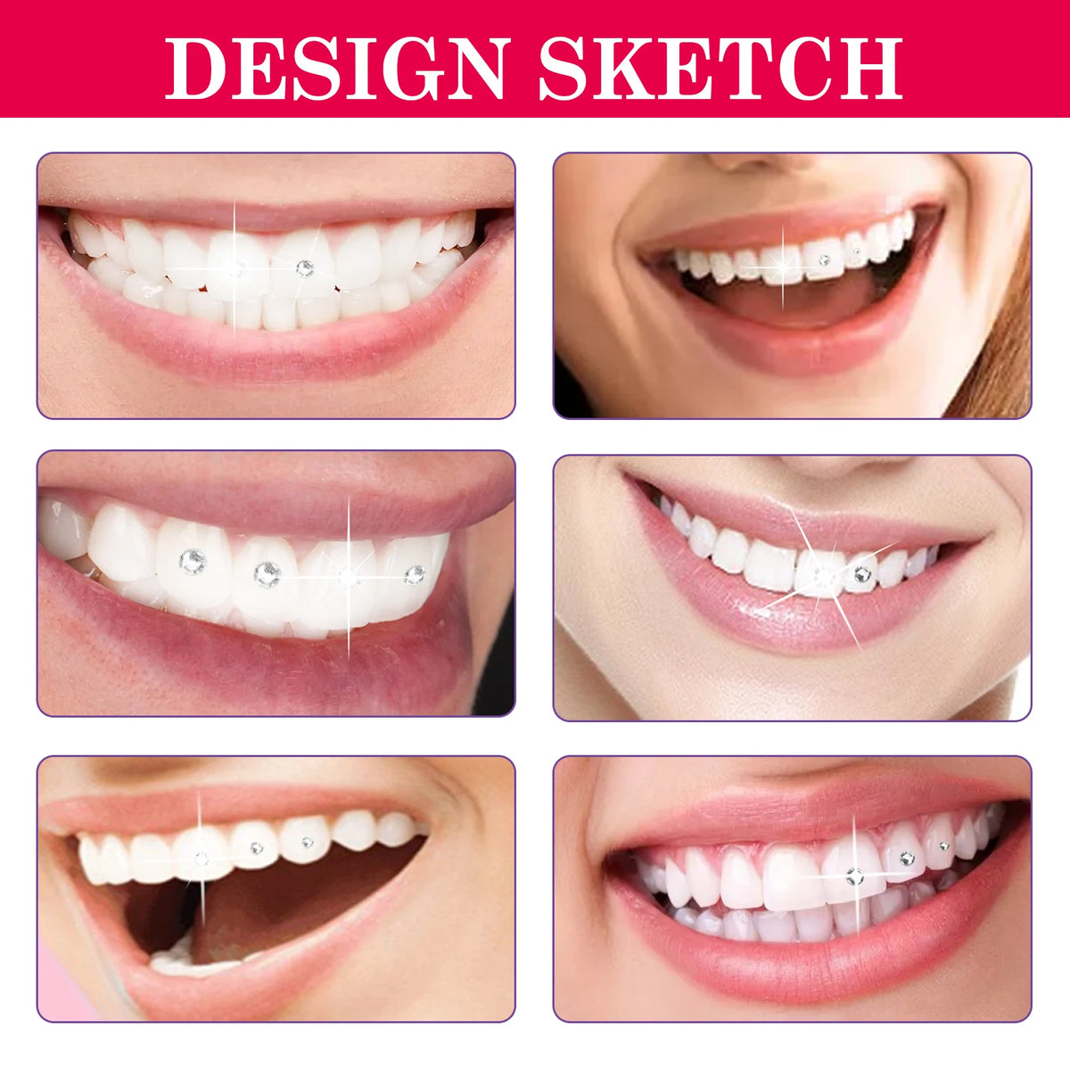 Design sketches showing various styles of tooth jewelry designs for DIY kits