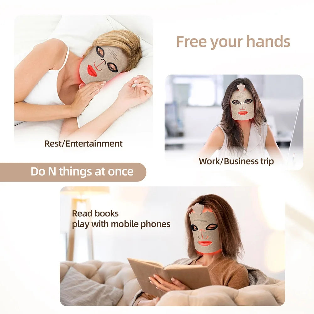 Una mujer usando una mascarilla de terapia facial de silicona, relajándose, trabajando y leyendo a la vez.