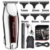 A set of professional electric hair trimmers with various guard sizes from 1mm to 12mm, shown in black and white.