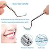 A silver reusable metal toothpick with a non-slip handle shown next to a person's mouth and material details.