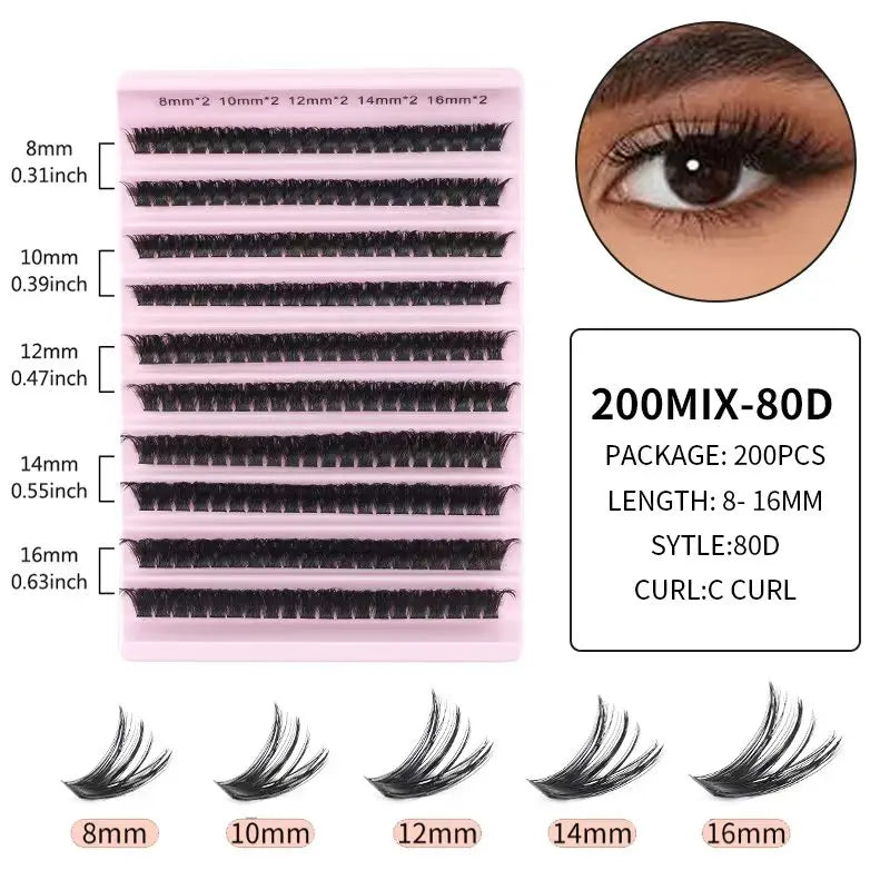 A pink storage case for black eyelash extensions in various lengths from 8mm to 16mm.