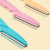 A set of three multi-use eyebrow trimmers in pink, peach, and blue with flexible silicone attachments.