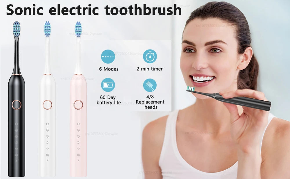A woman is using a black sonic electric toothbrush, with various models and features displayed nearby.