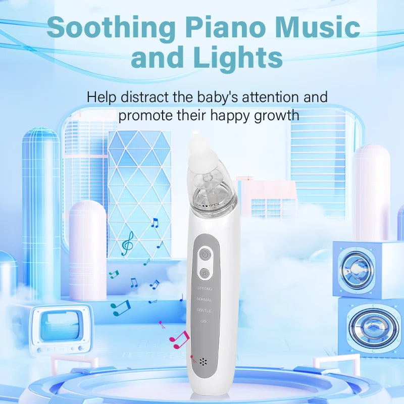 A white electric nasal aspirator for babies is shown in a bright, light blue background with musical notes and soft lighting.