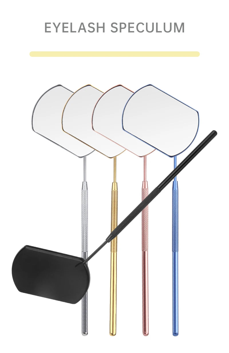 A set of professional stainless steel eyelash speculum mirrors with black handles and various colored stems
