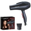 A black Sokany professional hair dryer and accessory shown next to its packaging box.