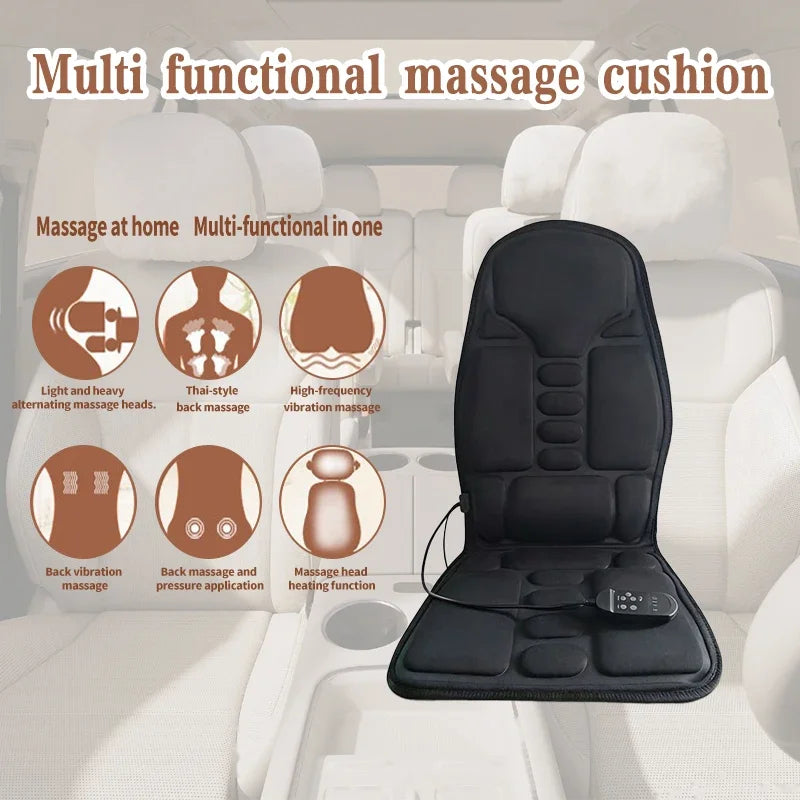 Black multi functional massage cushion shown in a car seat context with various massage features illustrated.