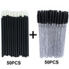 A set of 100 disposable eyelash and eyebrow brushes, consisting of 50 black and 50 silver brushes.