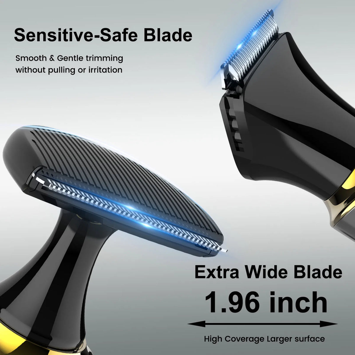 Close-up view of a black electric grooming trimmer blade highlighting its sensitive design and 1.96 inch wide coverage.
