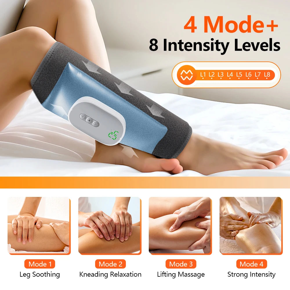 Blauer elektrischer Luftkompressions-Beinmassager wird auf das Bein einer Person verwendet.
