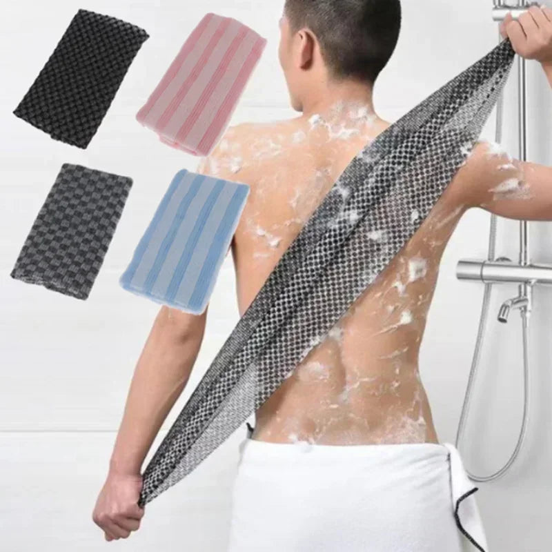 A person is using an exfoliating back scrubber bath towel, shown with various striped towels and a black patterned towel.