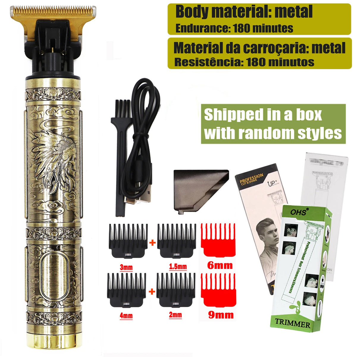 A professional electric hair trimmer with various guard attachments for beard and body grooming.