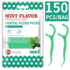A package of 150 count mint flavor dental floss picks and toothpicks with two green plastic picks shown.