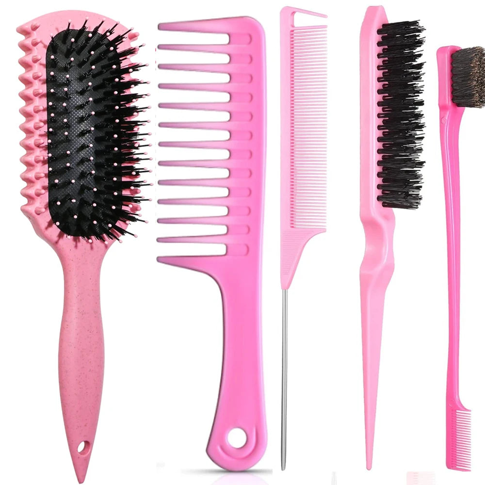 Un ensemble de 3 brosses pour définir les boucles, rose : brosse plate, brosse à vent et brosse ronde.
