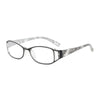 A pair of clear, thin-framed reading glasses with a marbled or textured pattern on the arms.