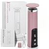 A pink electric foot callus remover device with a removable head and charging cable is shown next to its packaging.