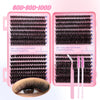 A pink kit containing 60, 80, and 100 strands of DIY eyelash extensions for professional lash application.
