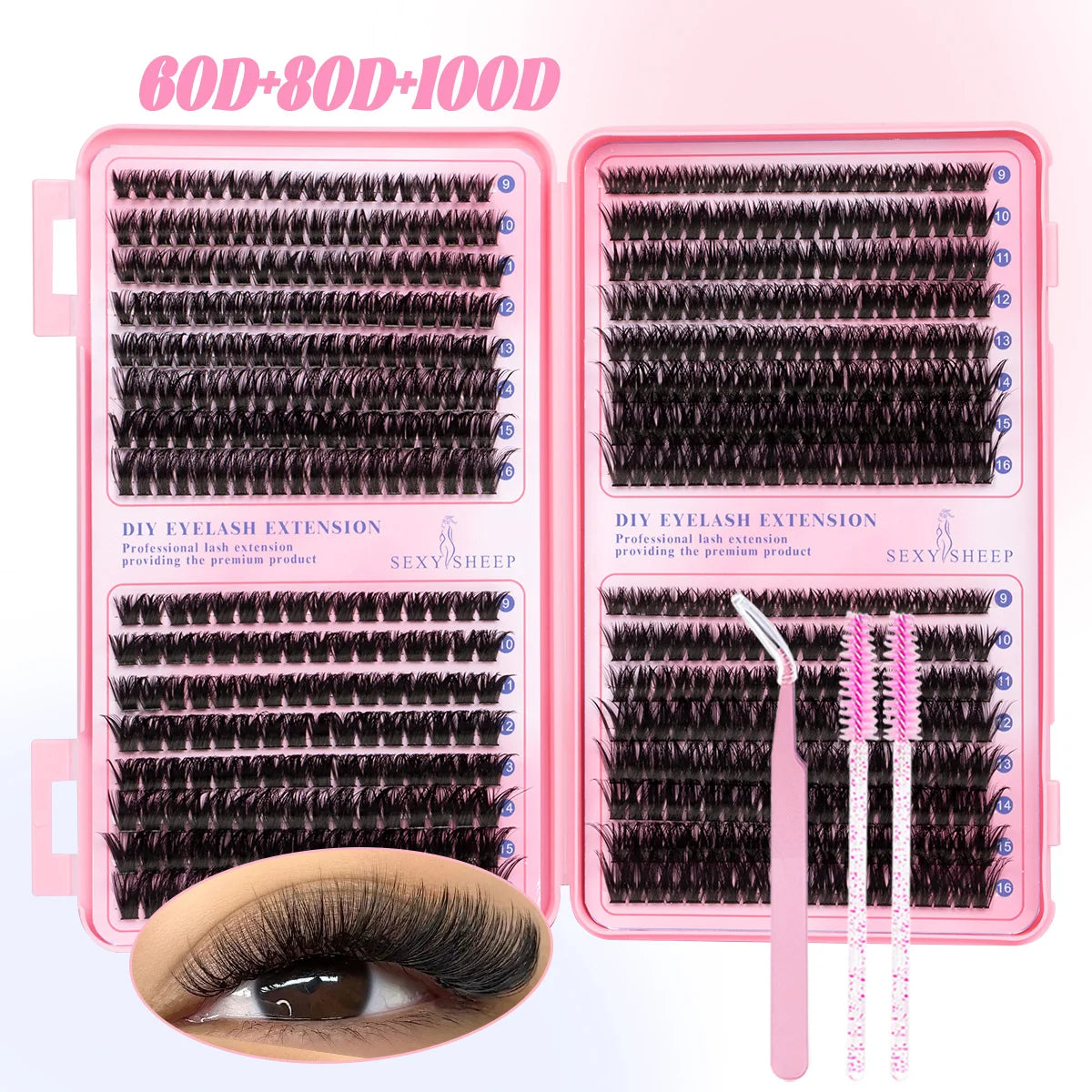 A pink kit containing 60, 80, and 100 strands of DIY eyelash extensions for professional lash application.