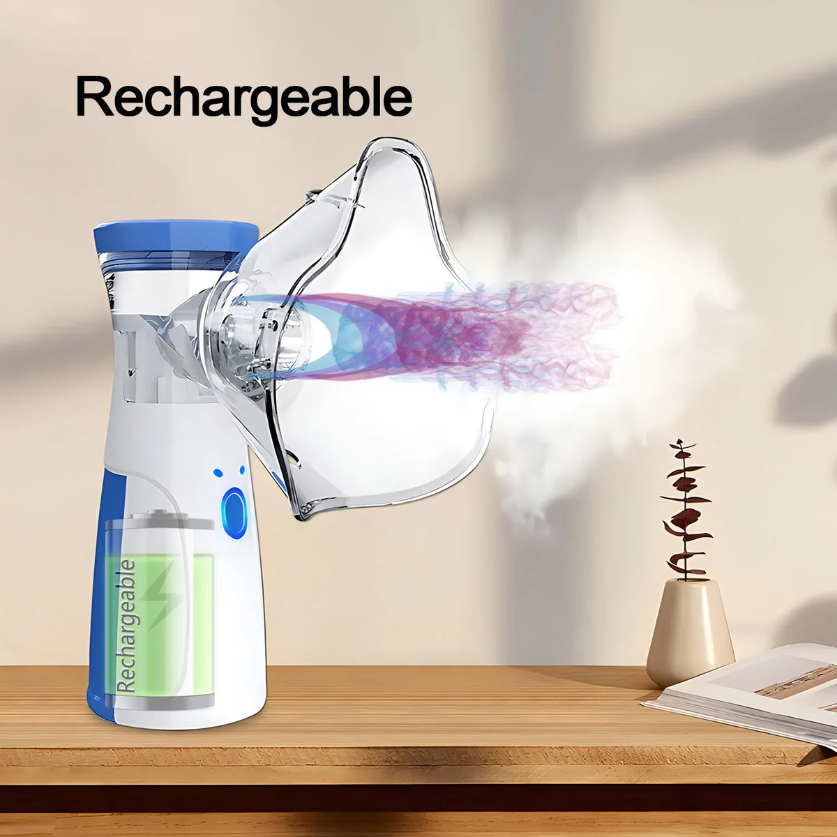 A clear portable rechargeable nebulizer device is shown next to a glass-like diffuser, demonstrating its use for generating m