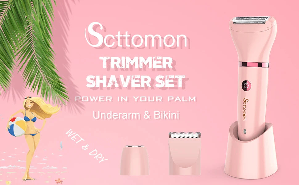 Pink Settomon trimmer shaver set with accessories shown against a pink background.