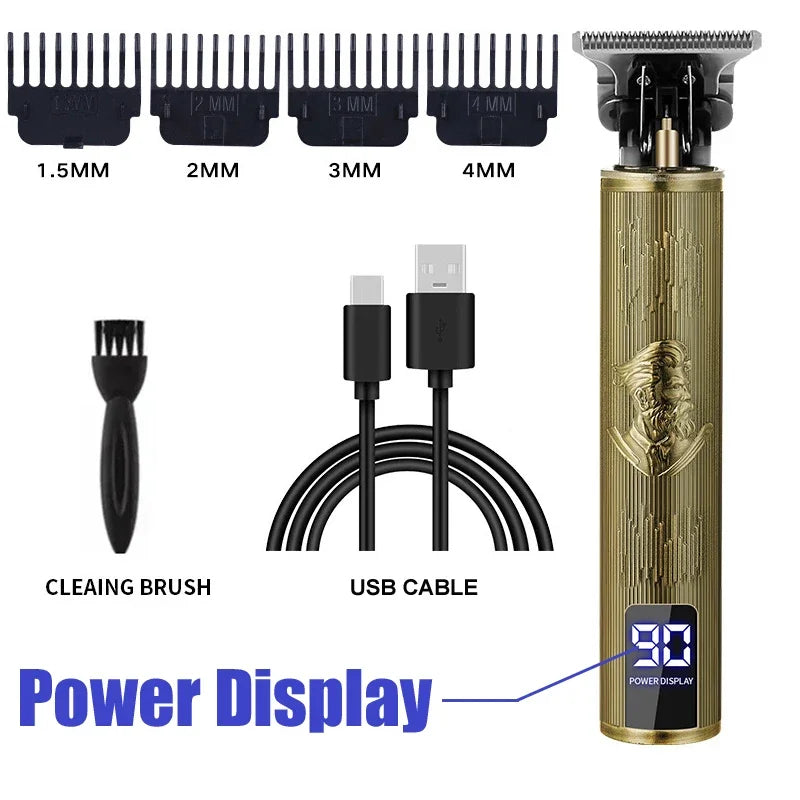 A professional cordless hair trimmer set showing various size combs, a cleaning brush, and a USB cable connected to a power d