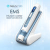 A white EMS infusion carrier device for essence delivery is shown on a light blue background.