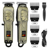 A set of electric hair clippers for men showing various blade sizes and the main body of the clipper.