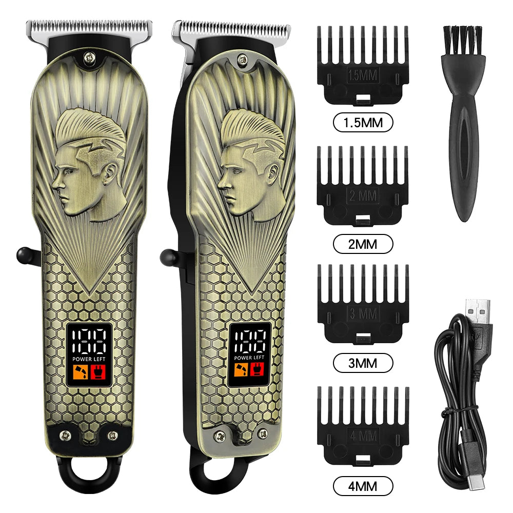 A set of electric hair clippers for men showing various blade sizes and the main body of the clipper.
