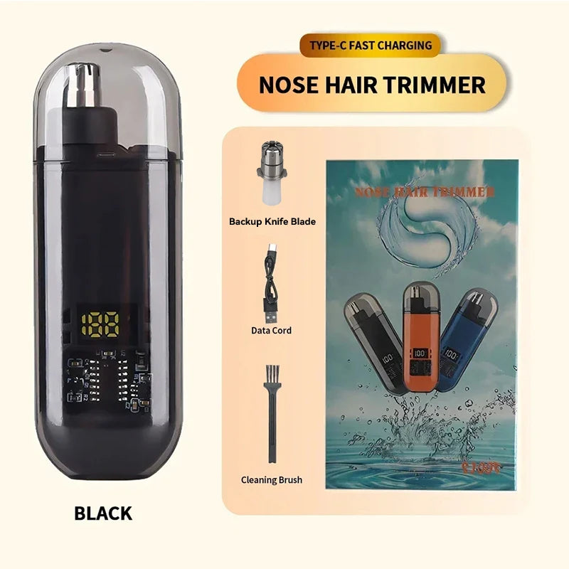 Black Type-C fast charging nose hair trimmer with backup blade and cleaning brush
