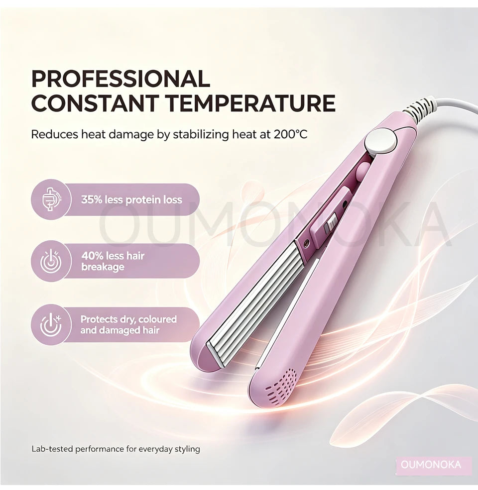 A pink professional ceramic hair curler and straightener is shown with steam effects, emphasizing constant temperature stylin