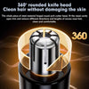 Close-up of a black facial hair trimmer with a 360 degree rounded knife head assembly.