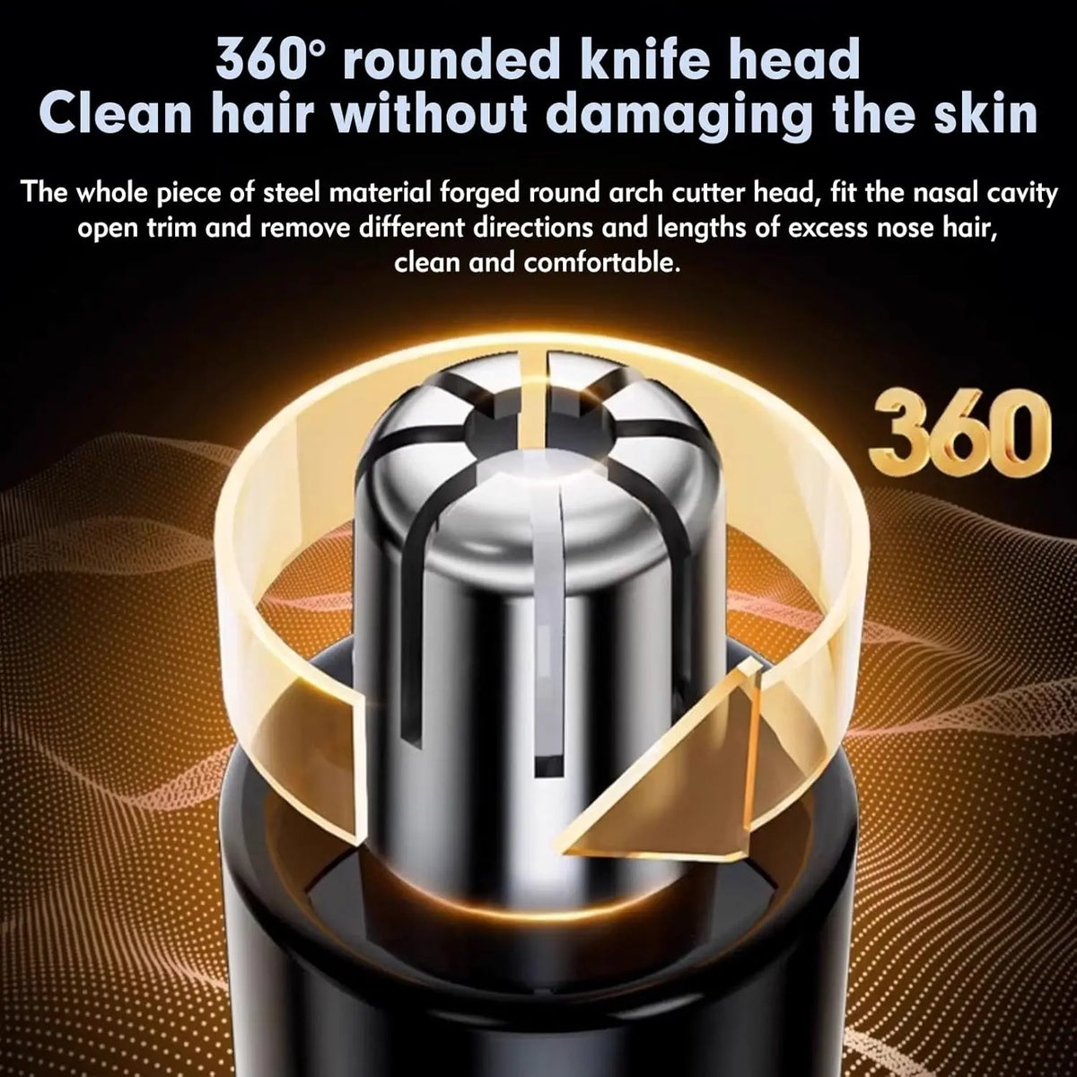 Close-up of a black facial hair trimmer with a 360 degree rounded knife head assembly.