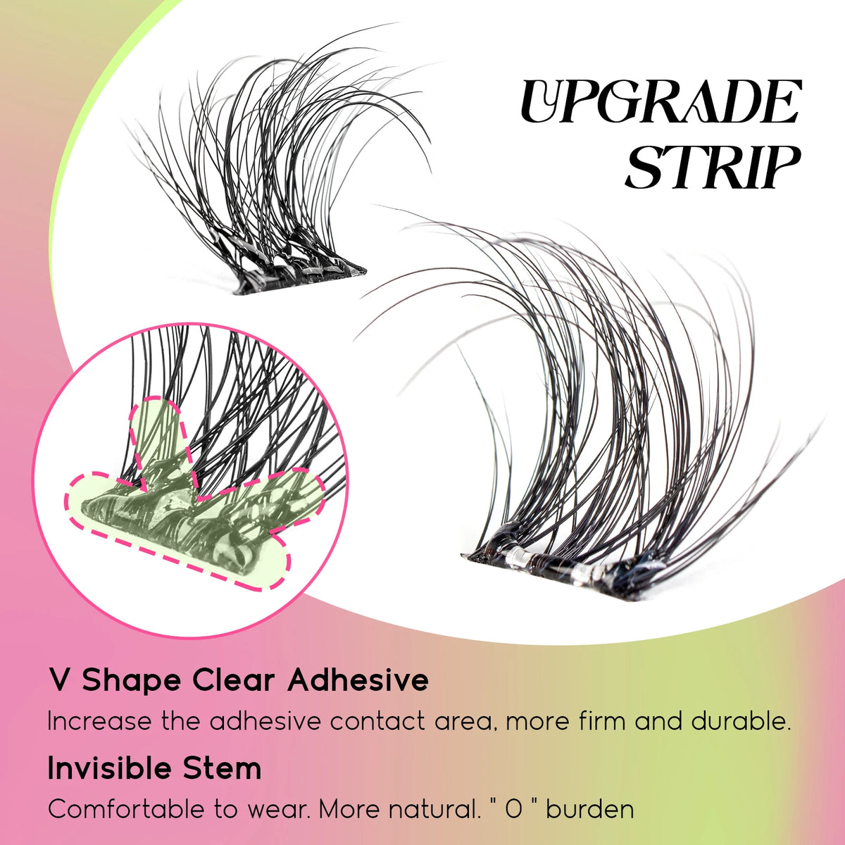 Upgrade strip for eyelash extensions showing a V shape clear adhesive and invisible stem.