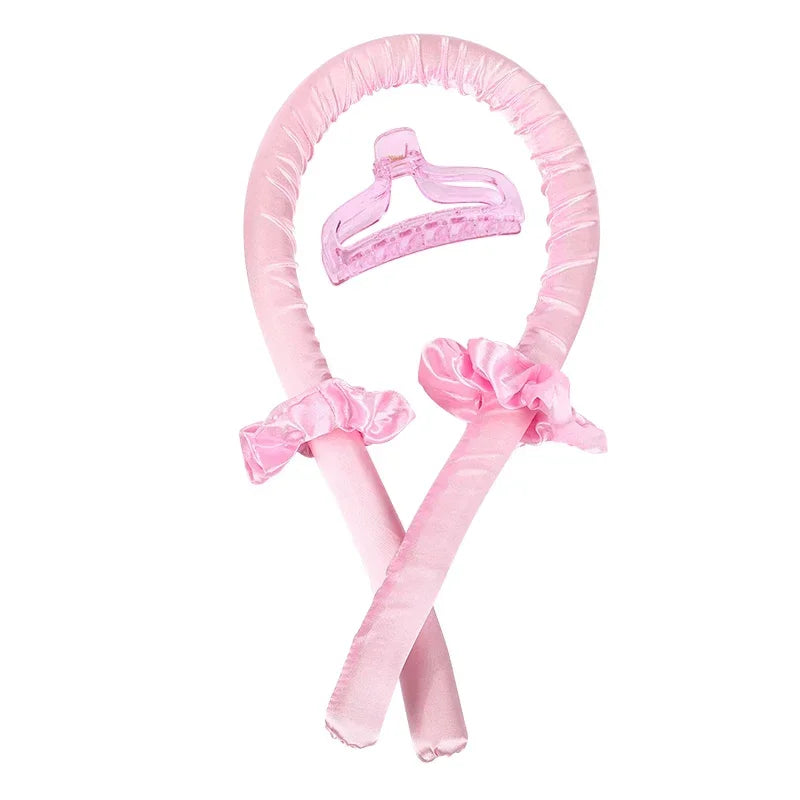 Pink heatless curling rod headband and satin bonnet set