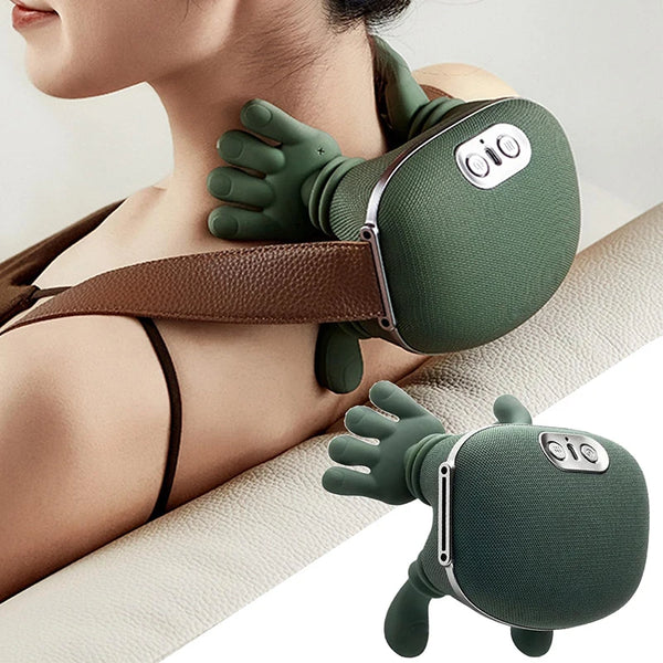 A person is shown using a green deep tissue shiatsu massager for neck and shoulder relaxation.