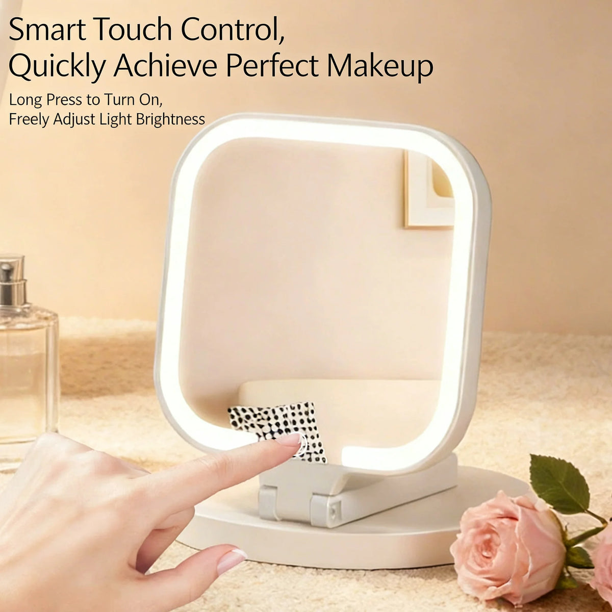A hand interacts with a white LED makeup mirror featuring smart touch controls and adjustable light brightness.