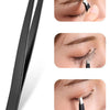 A set of black precision stainless steel eyebrow tweezers shown in various usage angles for shaping eyebrows.