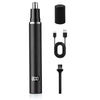 A black cordless hair grooming kit with a cylindrical body, a detachable head, and a charging cable.