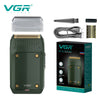 A VGR professional electric shaver in dark green, shown with its components and packaging.