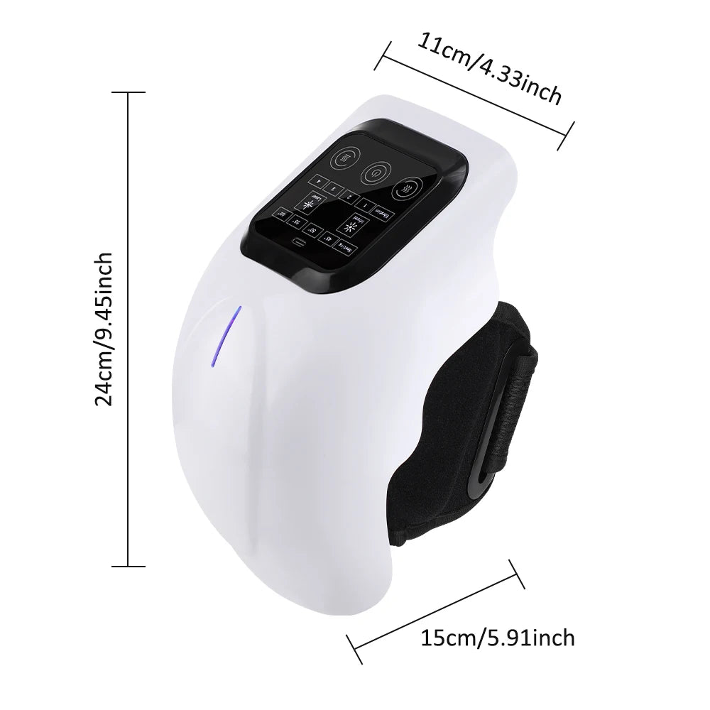 A white infrared knee massager with heat and vibration features controls and is shown from the side.
