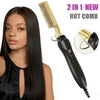 A black electric hair comb and straightener tool is shown next to a woman with long dark hair.